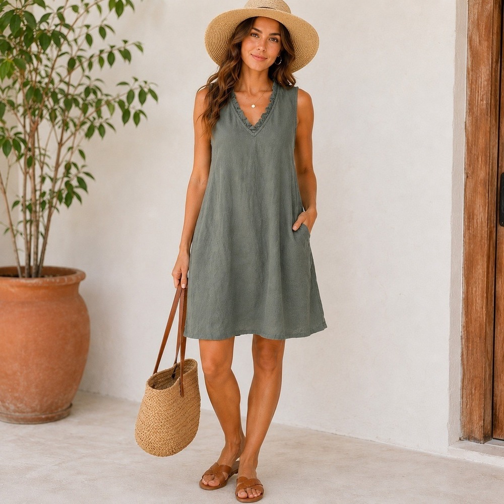 Briggs Linen Blend Shift Dress Sleeveless Ruffle V Neck Pockets Olive Green XL